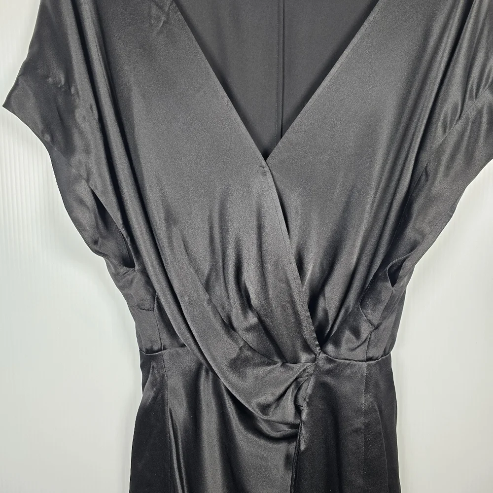Michelle Mason Wide-Neck Faux Wrap Mini Dress In Black 100% Silk Deep V Neck 6